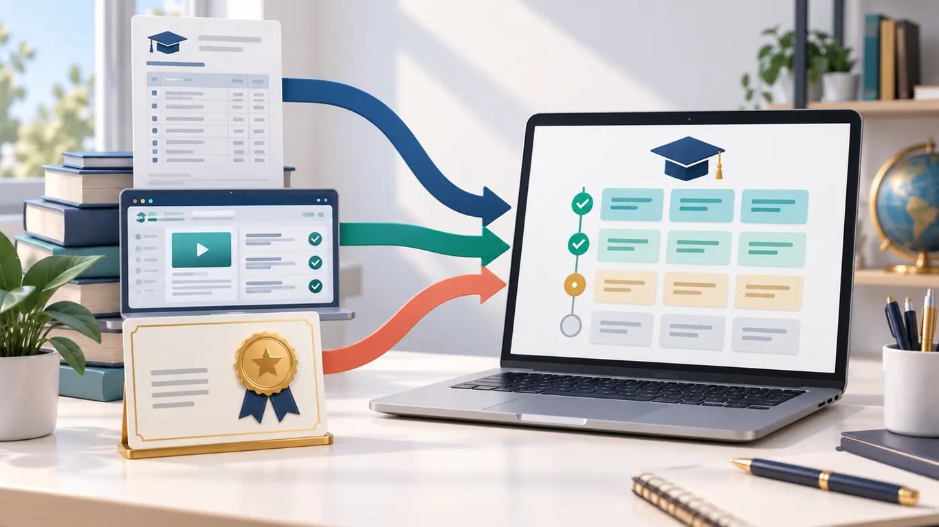 Illustration of college courses, online learning and certifications mapping into a degree plan