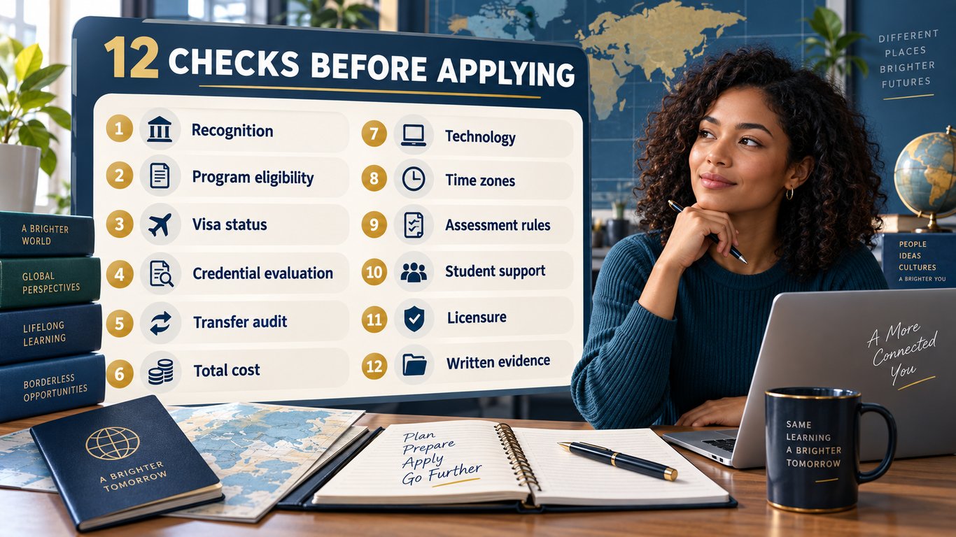 International student reviewing a 12-point online university application checklist covering recognition, eligibility, costs, technology, support, and licensure