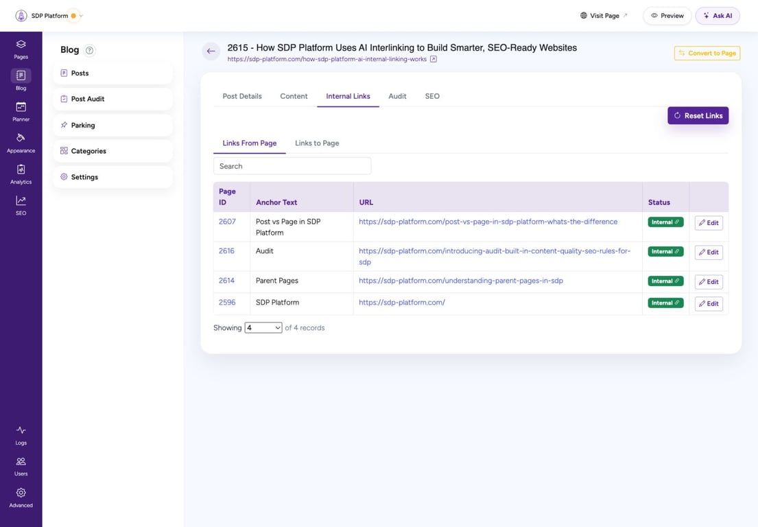 Desktop Internal Links tab showing outgoing links, anchor text, target URLs, and status