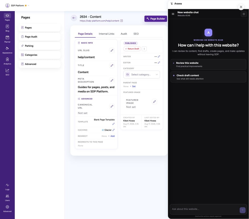 Arawa AI assistant alongside an individual SDP Platform page record