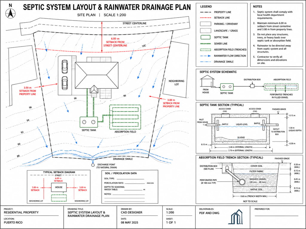 Septic System Layout And Rainwater Drainage Plan