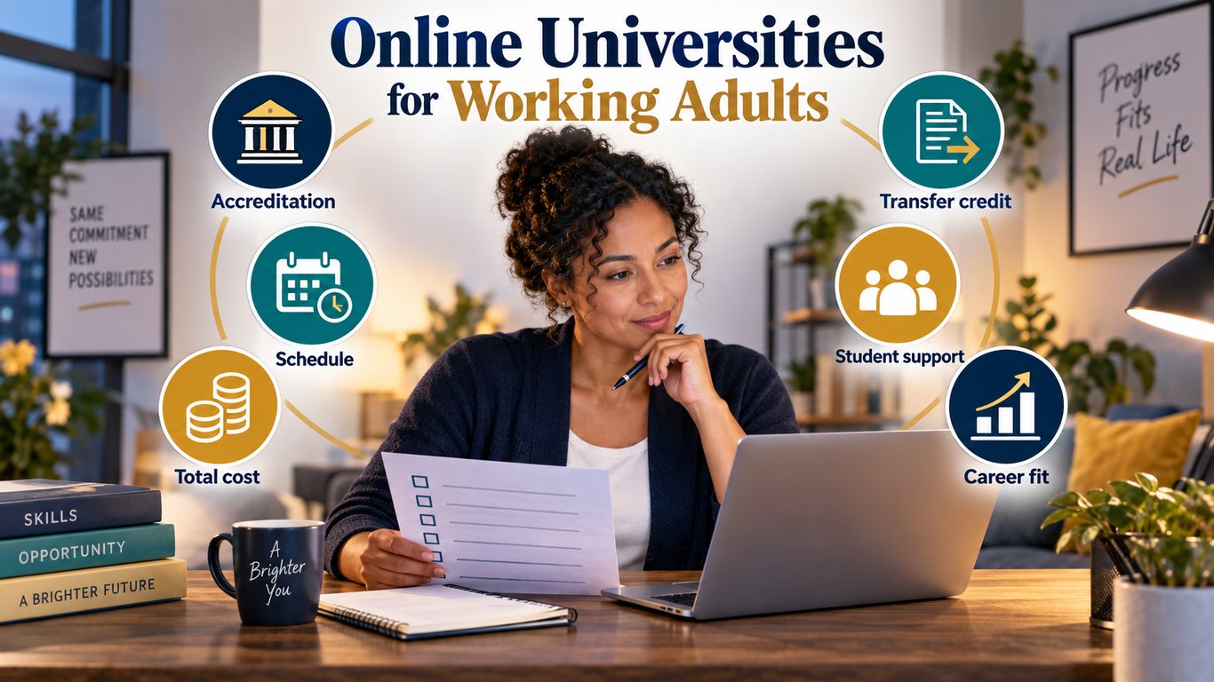 Working adult comparing accredited online universities by schedule, total cost, transfer credit, student support, and career fit