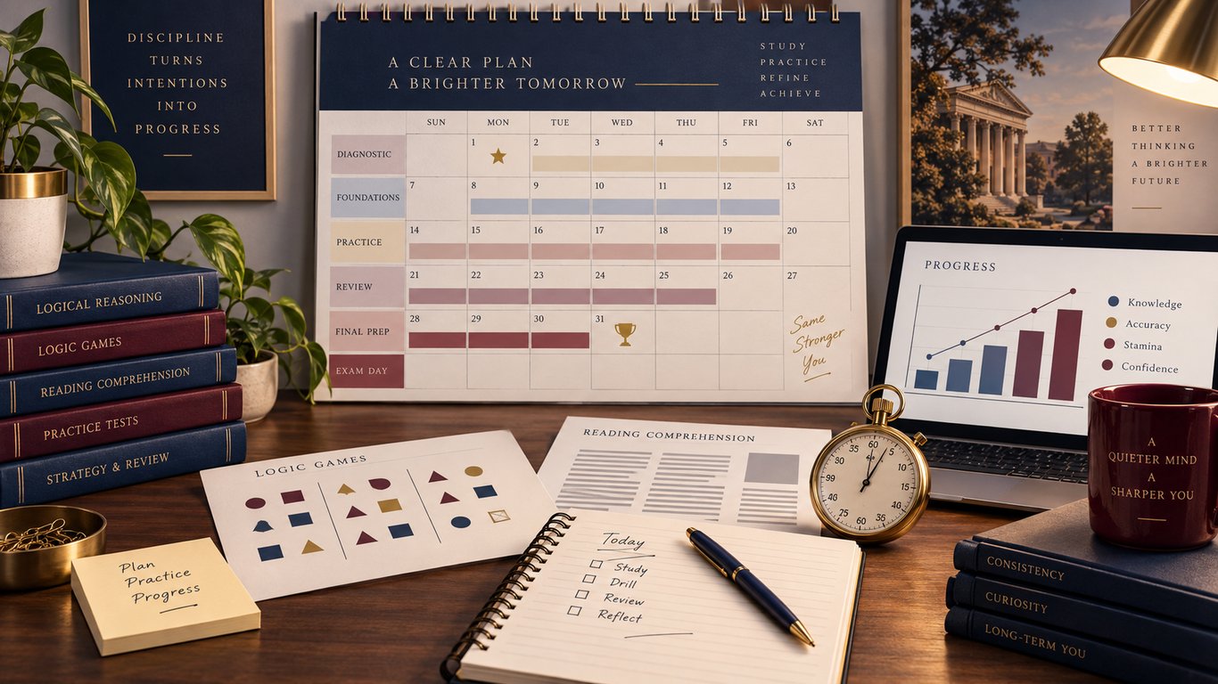Study calendar, reading materials, abstract logic shapes, and progress chart for an LSAT study plan.