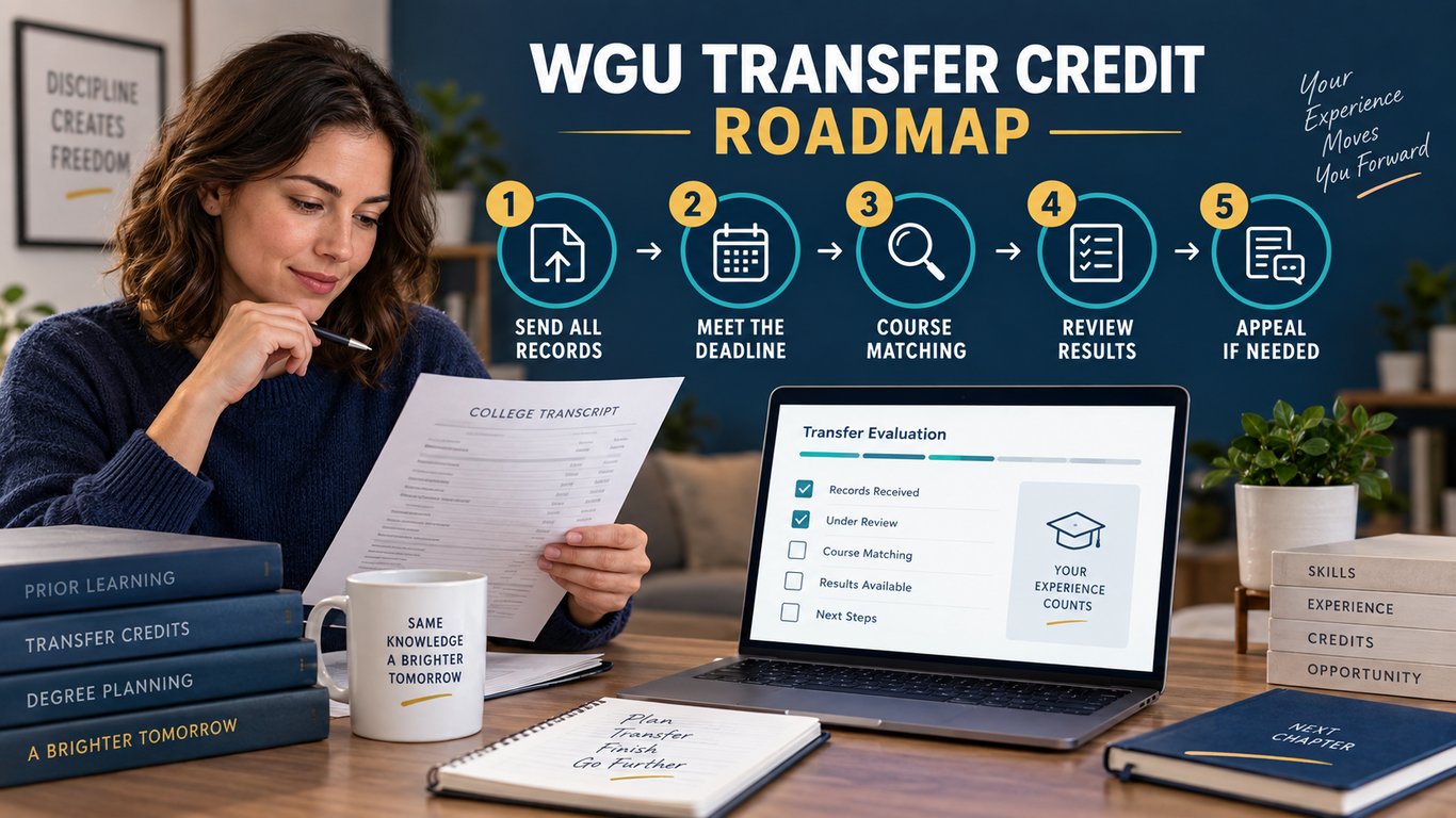 Adult learner reviewing transcripts alongside a five-step WGU transfer credit roadmap: send all records, meet the deadline, course matching, review results, and appeal if needed