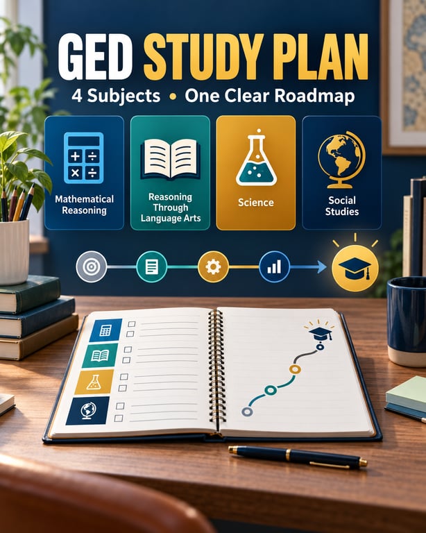 GED study plan poster showing Mathematical Reasoning, Language Arts, Science, and Social Studies on a four-subject roadmap