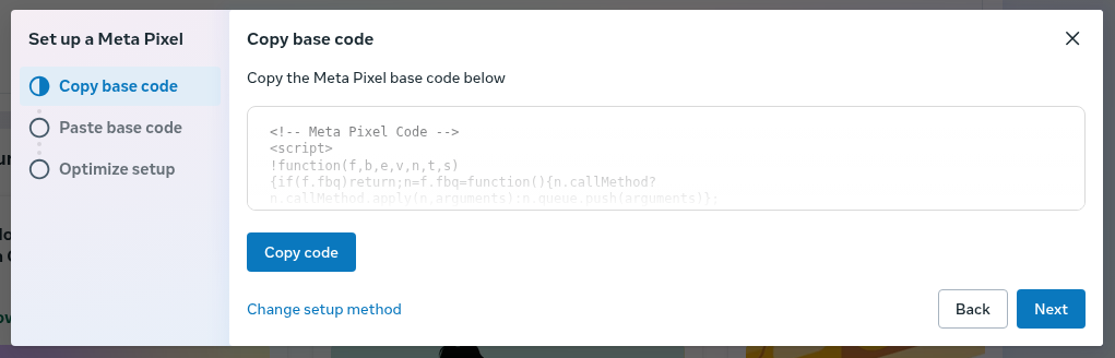 Copy base code step in Meta Pixel setup with the Copy code button