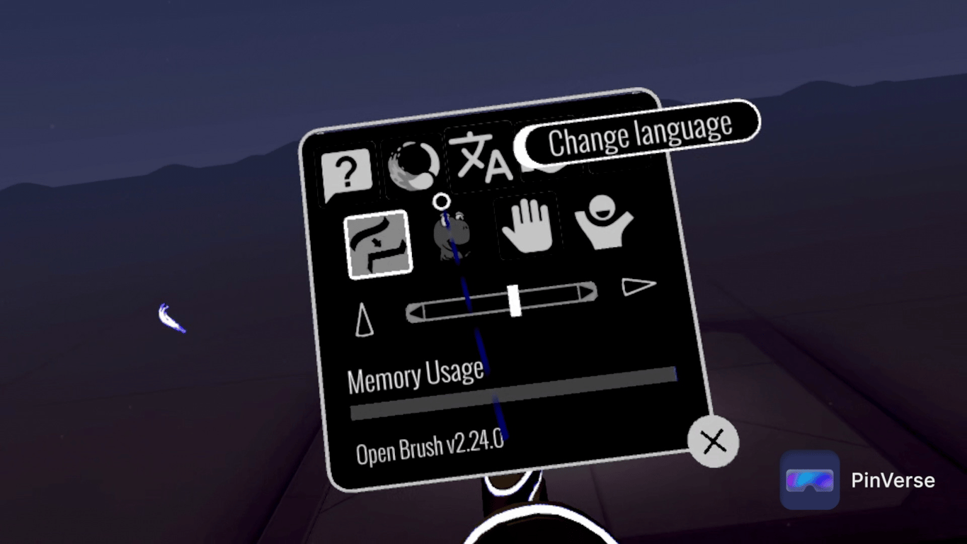 Open Brush - 3D Painting — Change language, screen 1 of 2