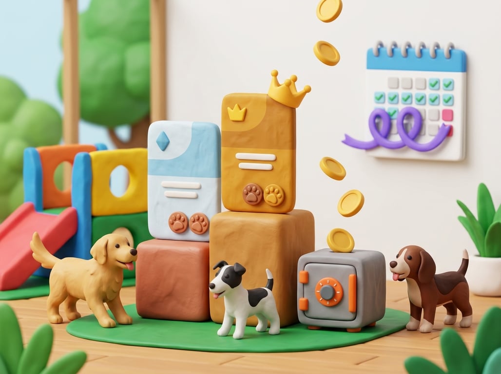 Kukla 3D illustration of bronze, silver and gold daycare membership tier cards topped with a crown, with daycare dogs playing and coins dropping into a safe