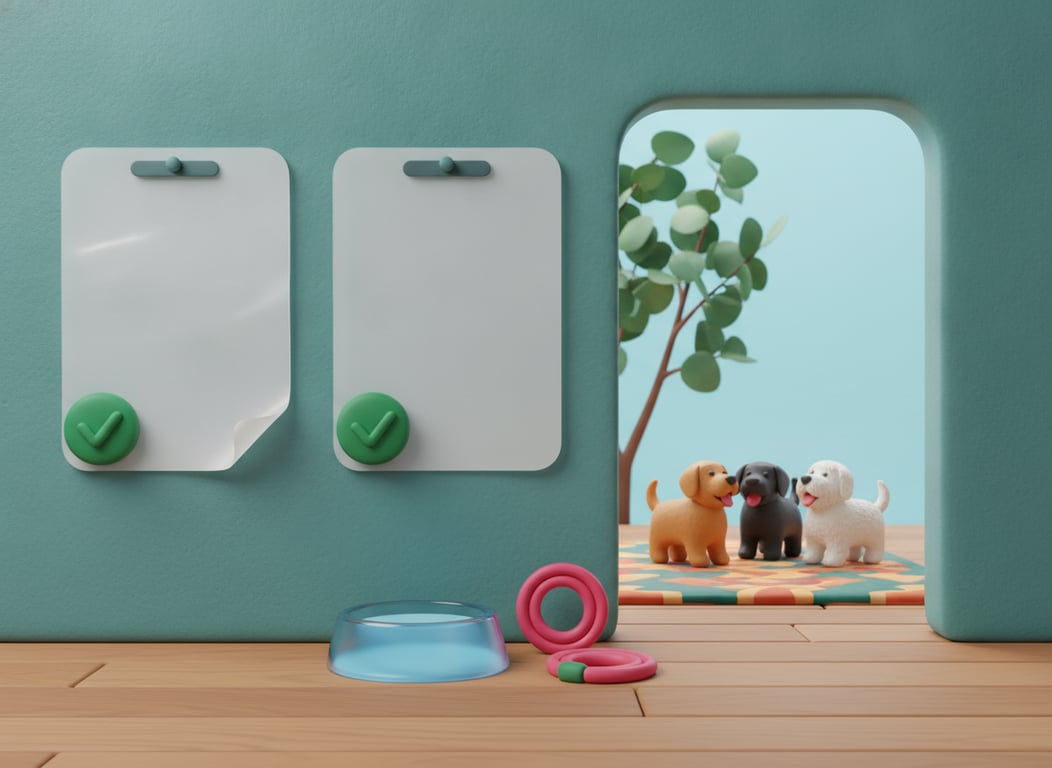 3D clay illustration of two blank laminated sheets hanging side by side beside a daycare doorway, one weathered and one new, with a water bowl and a coiled lead below and dogs playing behind