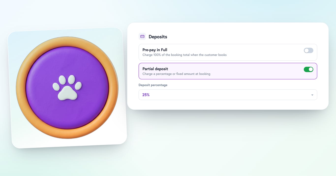 The Petboost deposit settings beside a 3D clay coin: Pre-pay in Full and Partial deposit toggle rows with the deposit percentage set to 25%