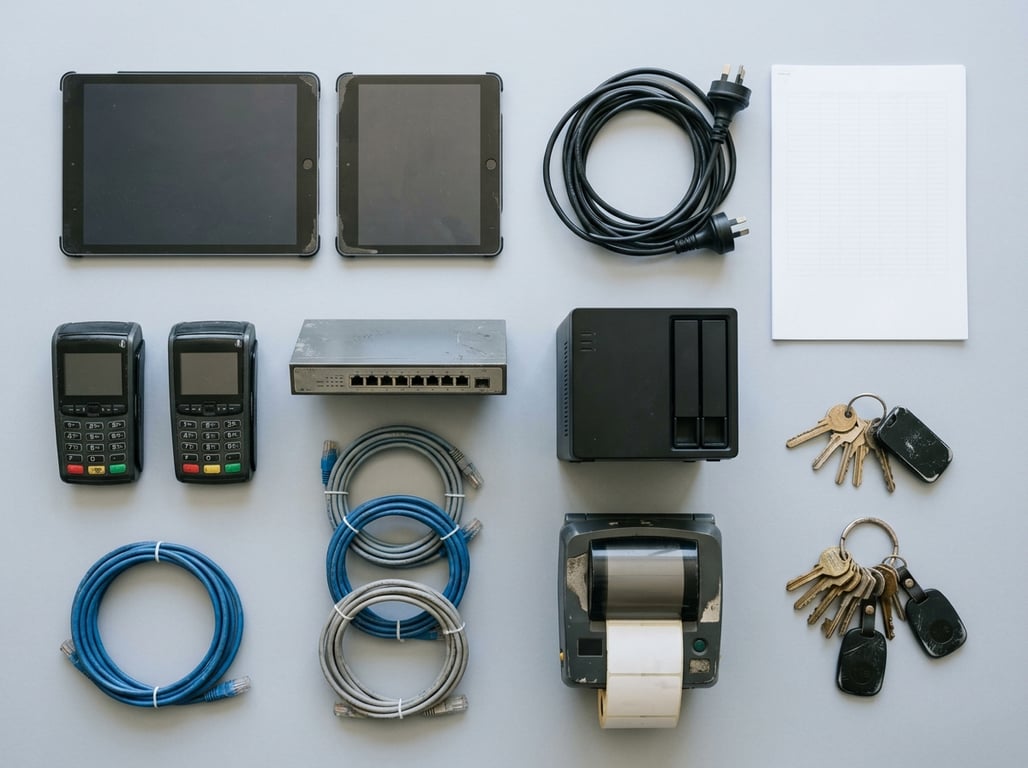 Overhead flat-lay of two identical tablets, two card terminals, a network switch, coiled network cables, a NAS box, a label printer, keys with two tracker fobs and a printed sheet