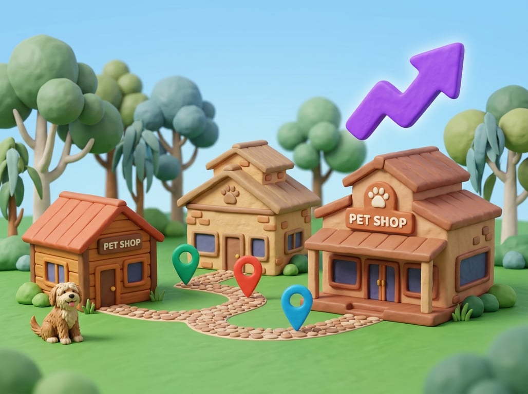 A 3D clay-style illustration of three pet-shop buildings of increasing size linked by a path with a rising arrow, in the Petboost brand style