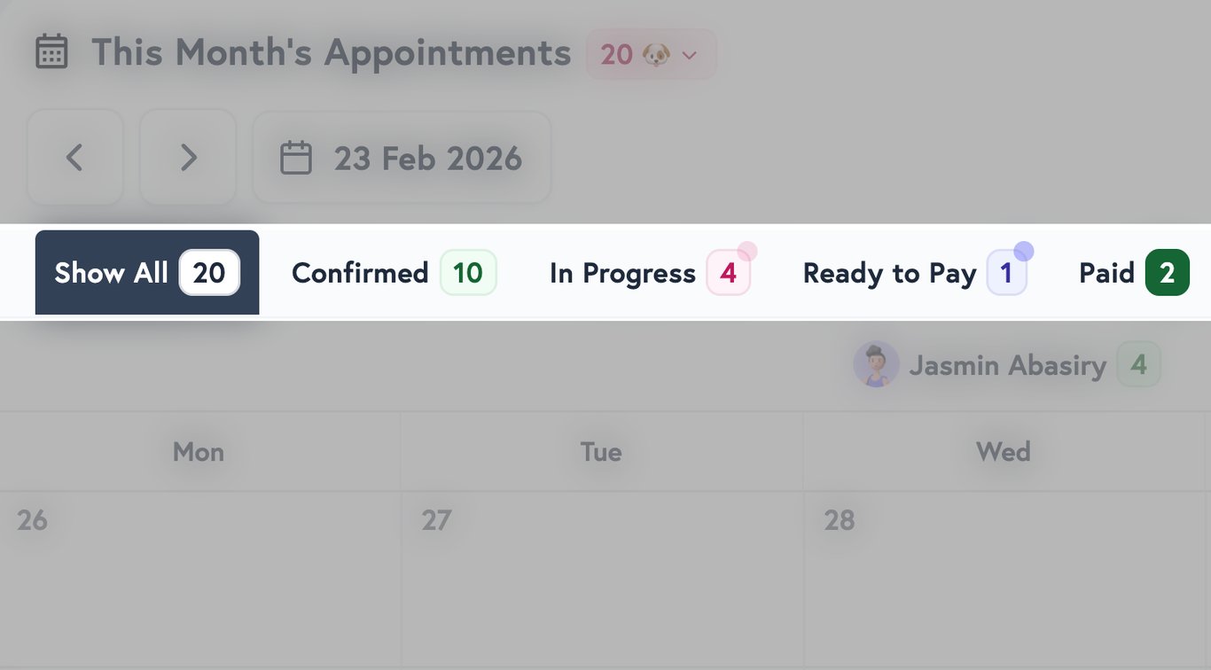 Petboost scheduler status tabs showing counts and revenue per workflow stage