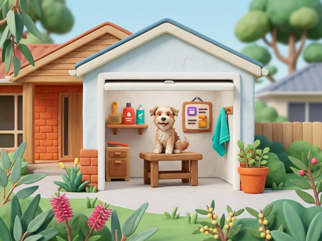 A 3D clay-style illustration of a suburban home with a grooming station in the open garage and a happy dog, in the Petboost brand style