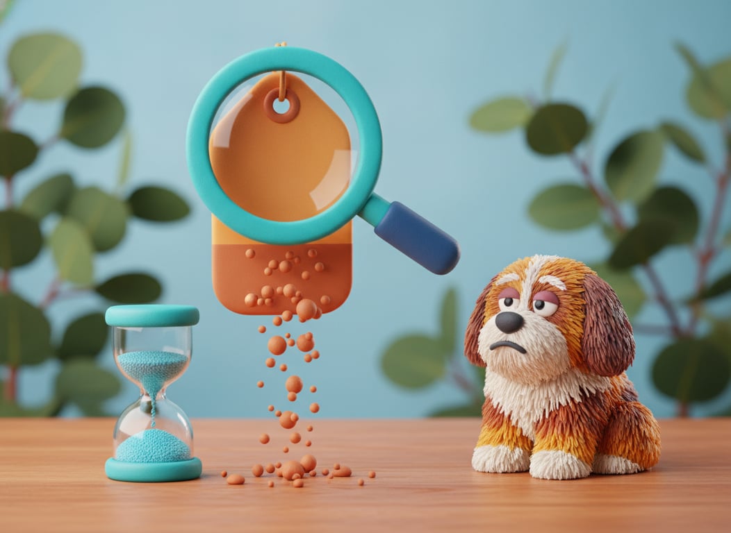 3D clay illustration of a teal magnifying glass over an orange price tag whose lower half is crumbling into falling crumbs, with a teal hourglass beside it and an unimpressed dog watching