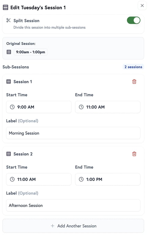 Quick split session feature