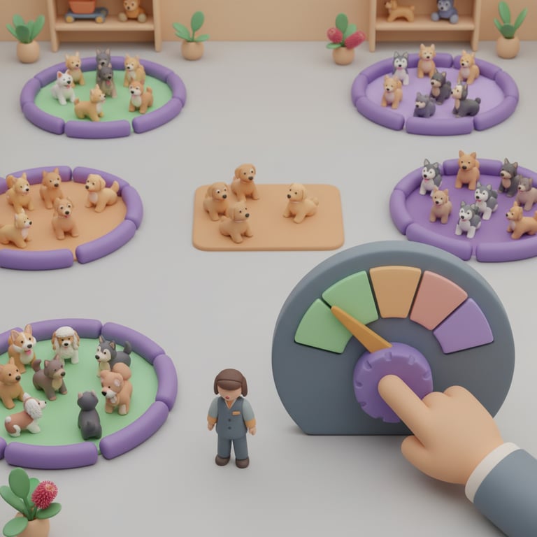 Spacious dog daycare facility with separate play areas for different dog sizes