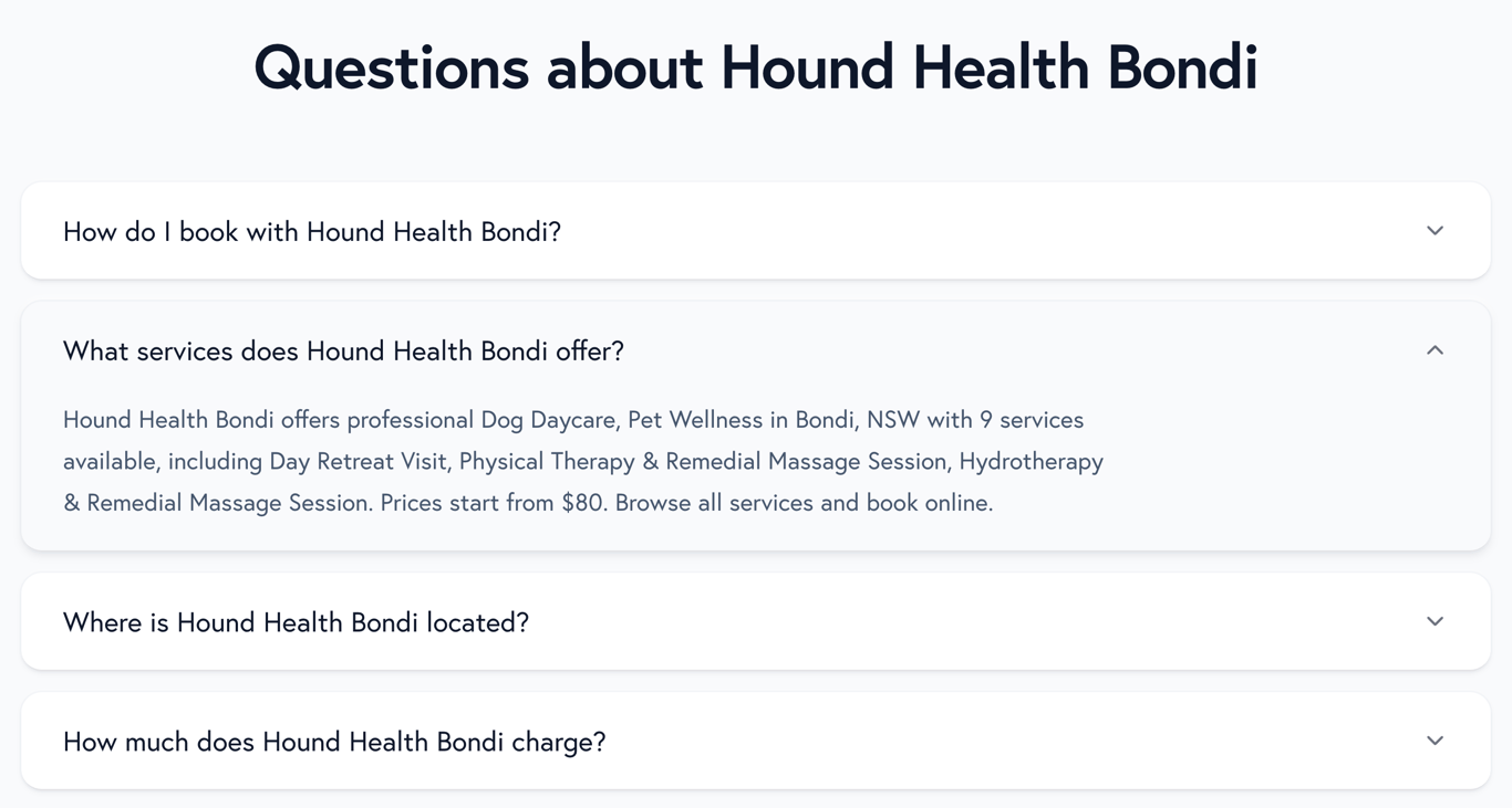 Dynamic FAQ section with accordion questions about booking, services, and policies