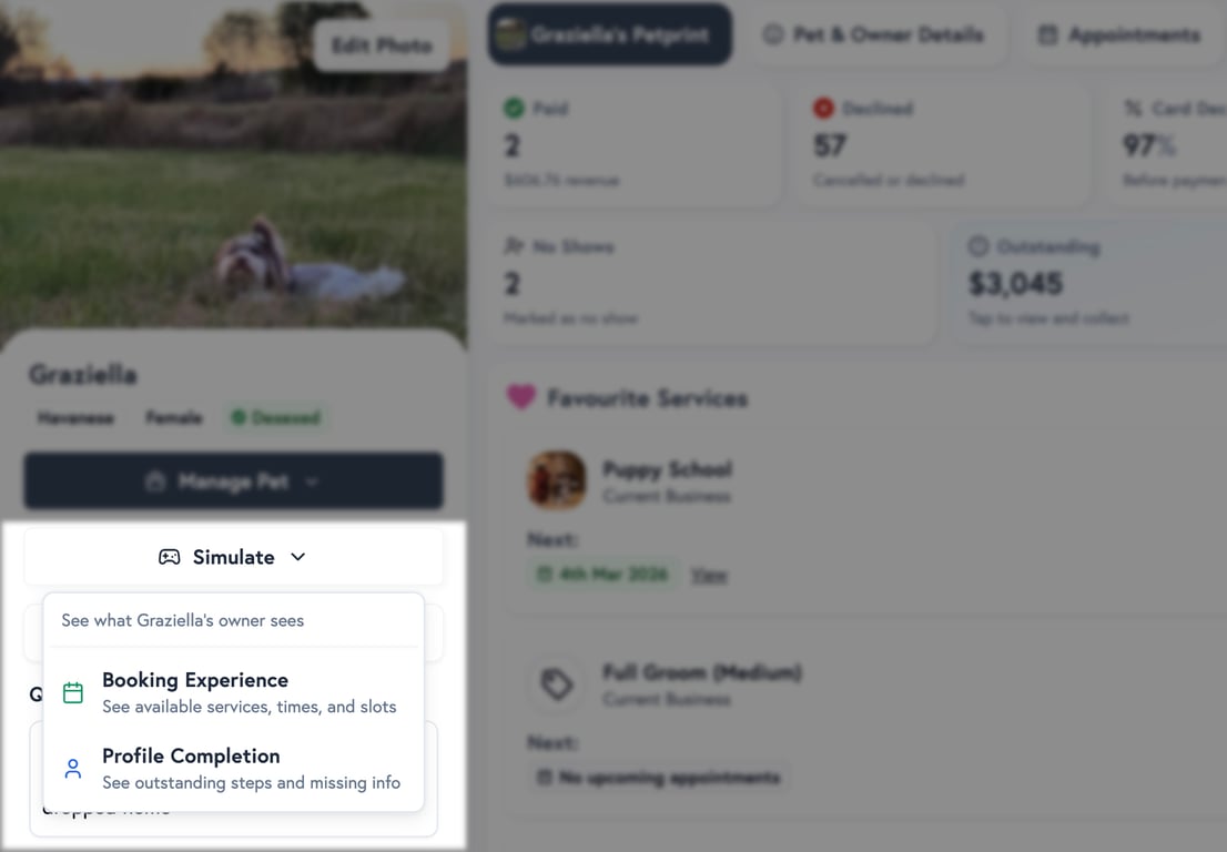 Pet profile showing the Simulate dropdown with Booking Experience and Profile Completion options