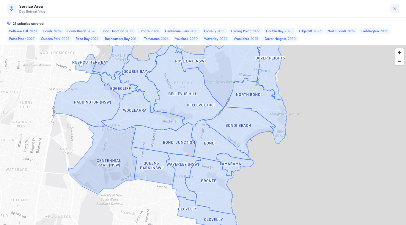 Service area map showing 21 suburbs covered in the Bondi and Eastern Suburbs area with suburb boundaries and postcodes