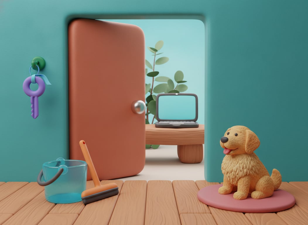 3D clay illustration of a salon door with one key hanging beside it and a bucket and squeegee waiting on the floor outside, a laptop just visible on a bench through the doorway
