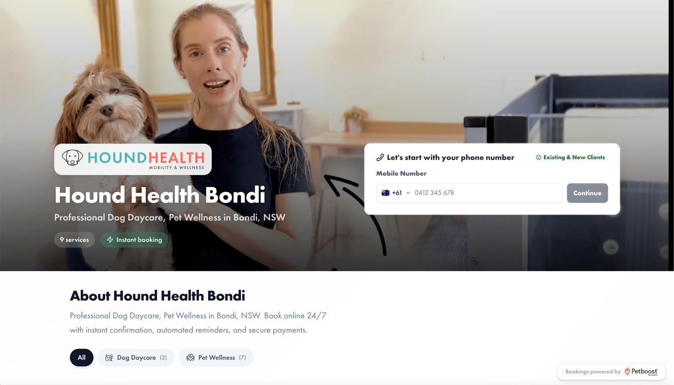Hound Health Bondi showcase page hero section with branded logo, video background, and booking card