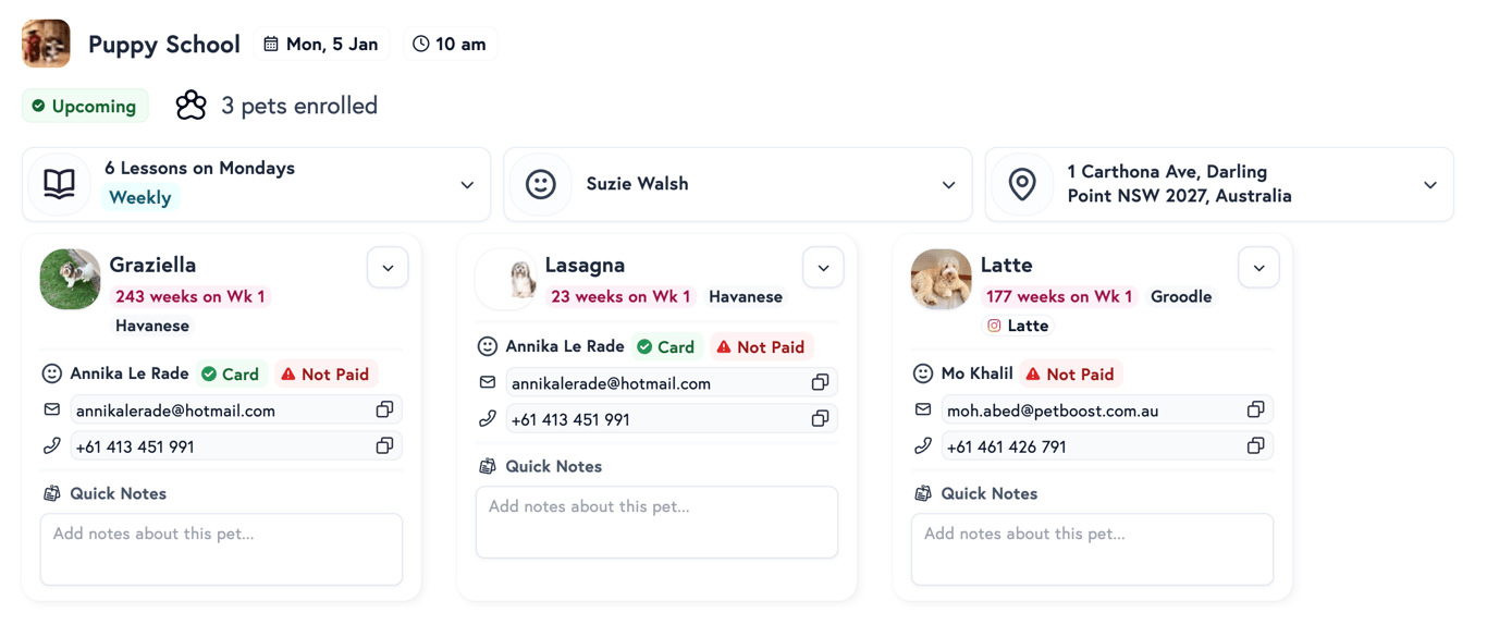 Petboost course enrolment management showing owner and pet details