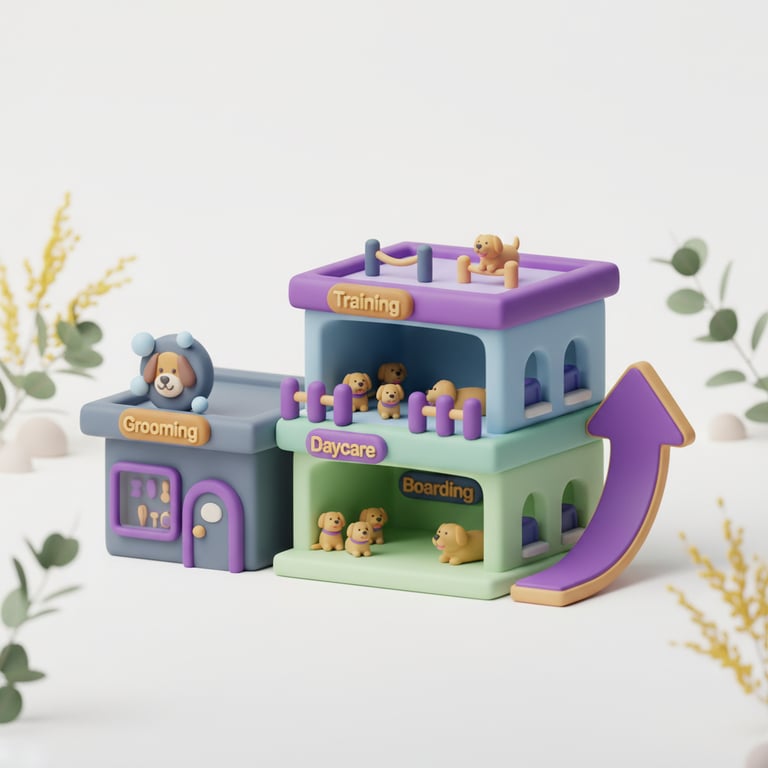 Modern pet facility with daycare play area and grooming station