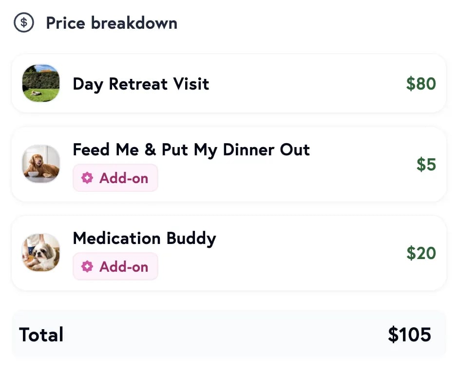 Clear price breakdown showing base service and add-ons itemised