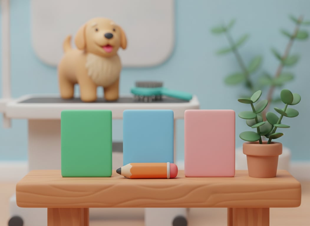 3D clay illustration of three blank document cards standing upright in emerald, sky-blue and rose on a timber bench with a pencil across them and a grooming bench behind