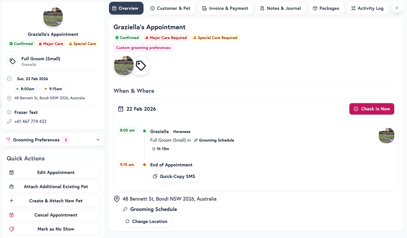 Petboost appointment detail overview showing status, schedule, and pet sidebar