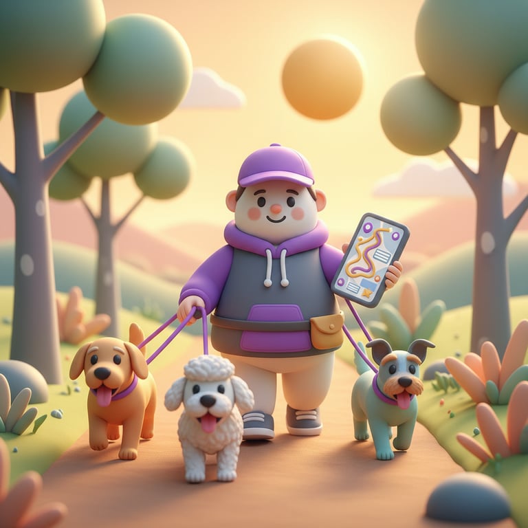 Professional dog walker with happy dogs enjoying a walk outdoors