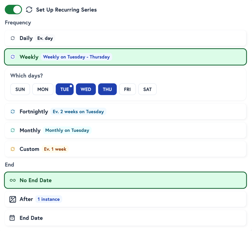 Petboost recurring appointment creation showing frequency options and conflict resolution