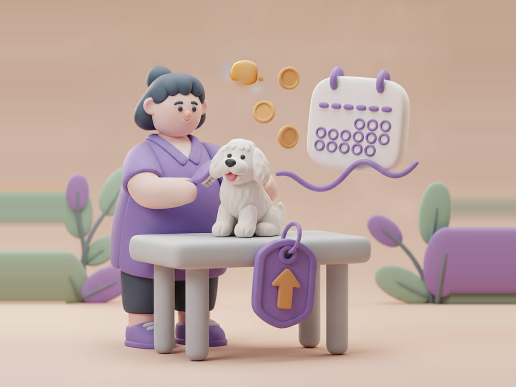 A 3D clay-style illustration of a friendly dog groomer with a happy dog on a grooming table, a violet price tag with an upward arrow, floating gold coins and a calendar showing recurring weekly appointments, in the Petboost brand style