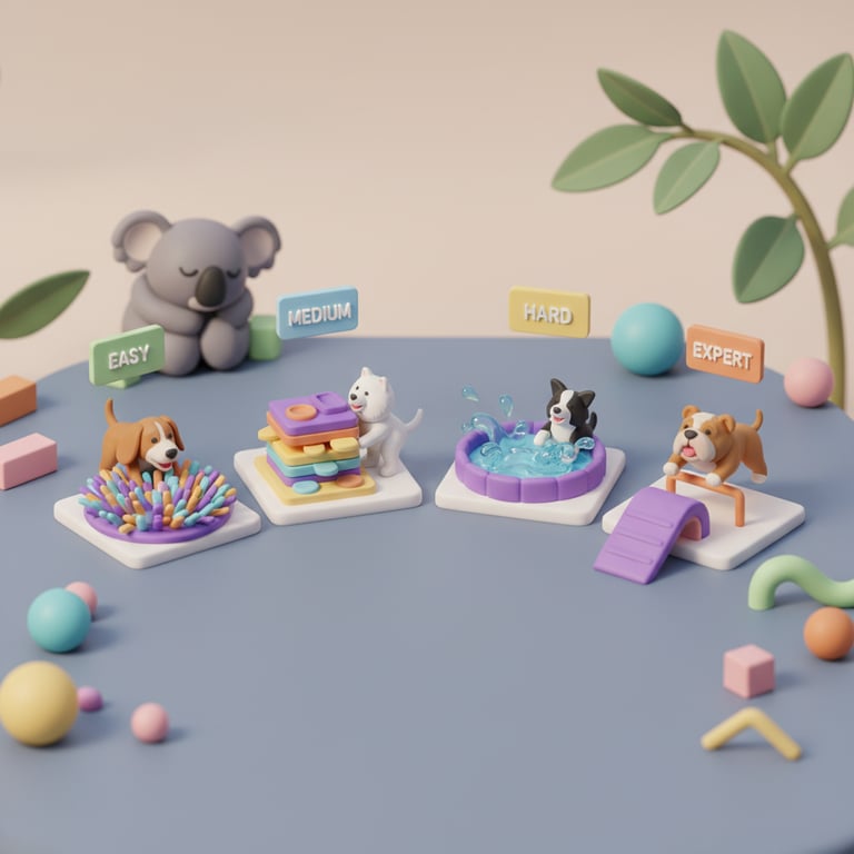 Dogs engaged in structured enrichment activity with puzzle toys and training equipment