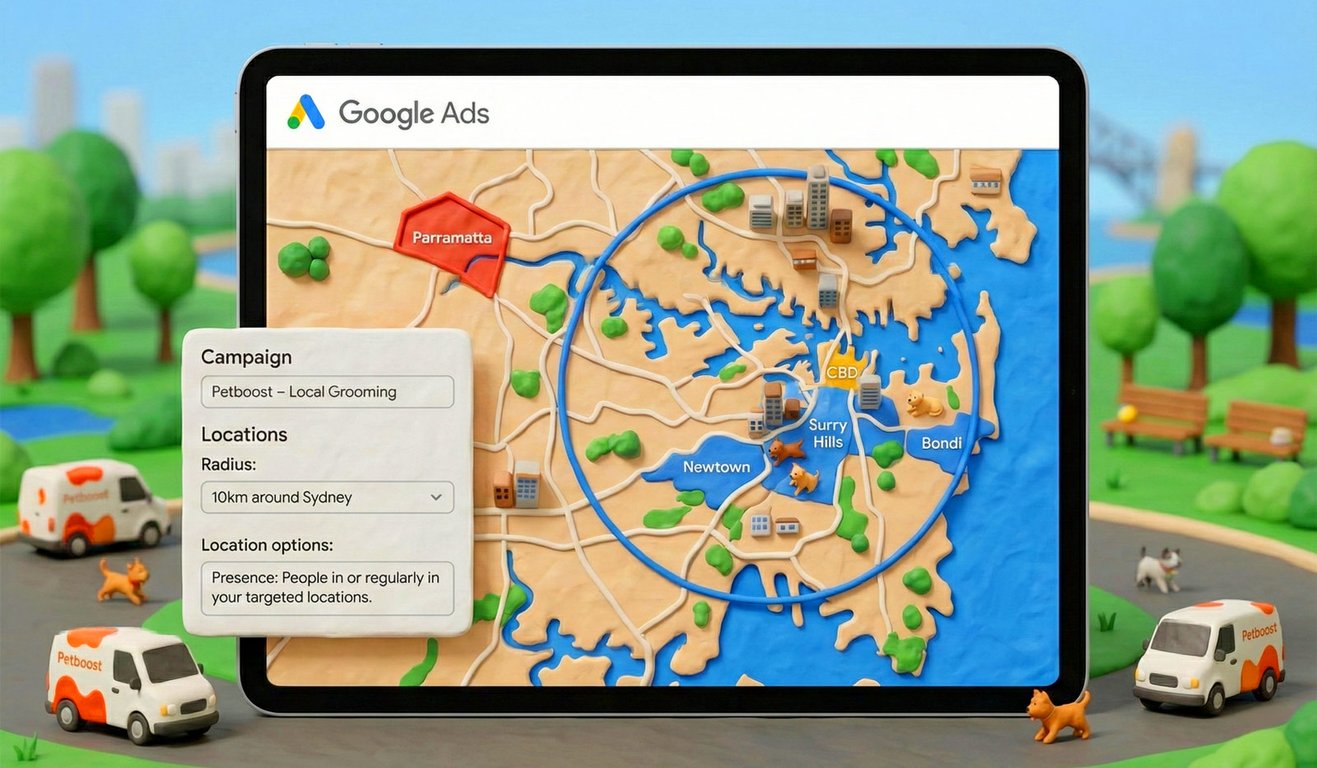 Google Ads geo-targeting map showing a pet business radius targeting local suburbs in Australia