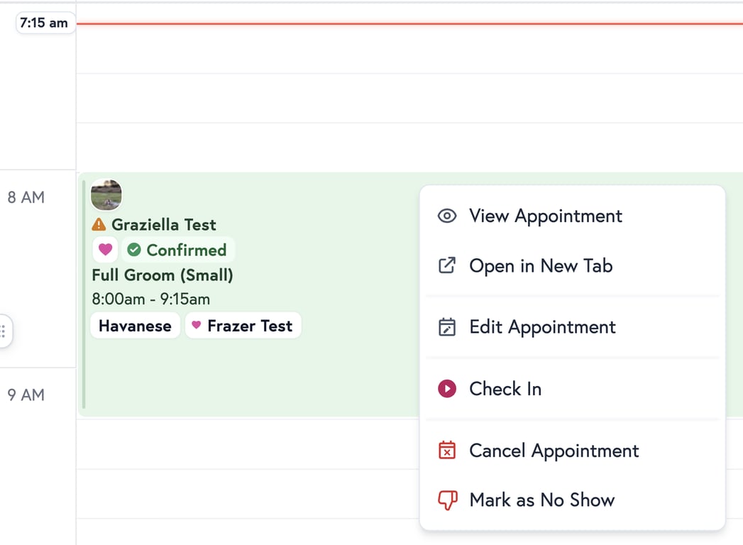 Petboost right-click context menu showing grouped appointment actions