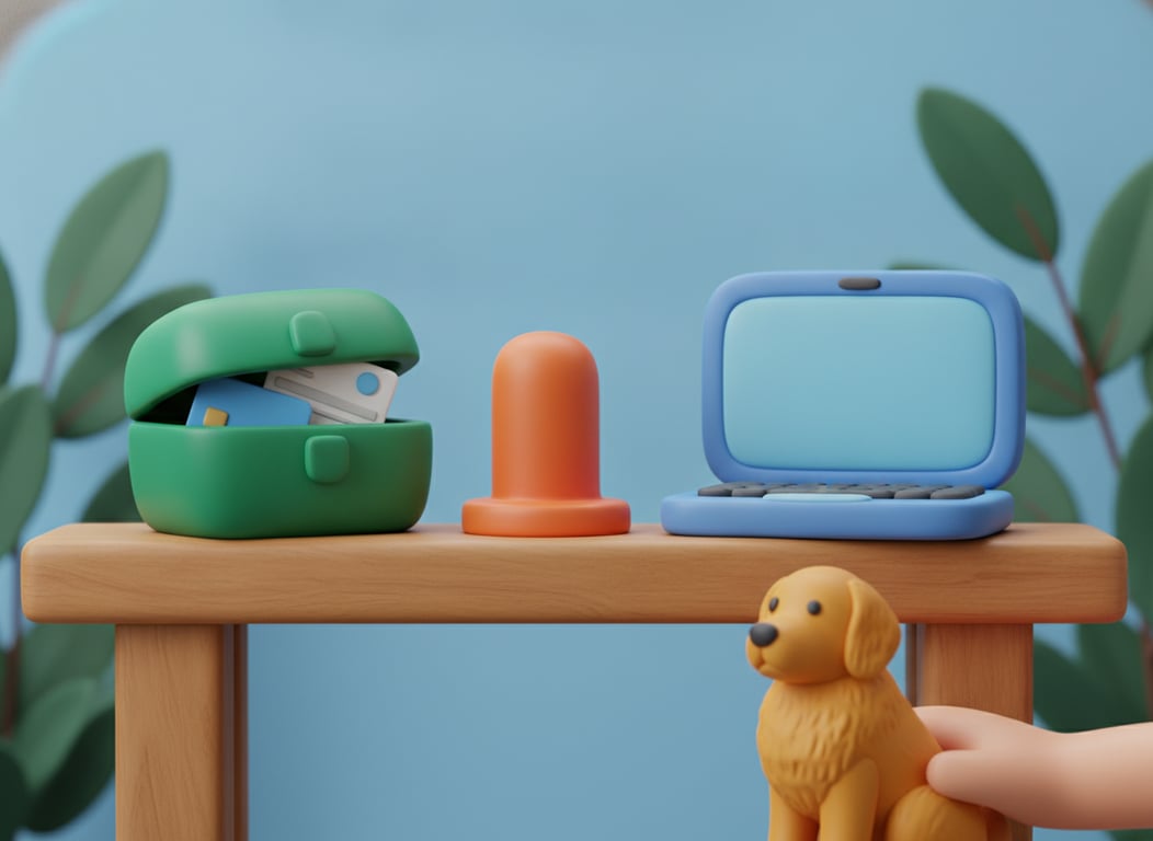 3D clay illustration of a green strongbox holding a bank card and a folded medical record card, an orange bollard beside it, and a laptop on the far side of the bollard