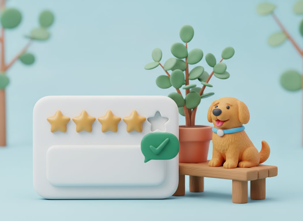 3D clay illustration of a review card with four gold stars, a fifth hollow star and an empty comment panel, beside a green reply speech bubble carrying a tick