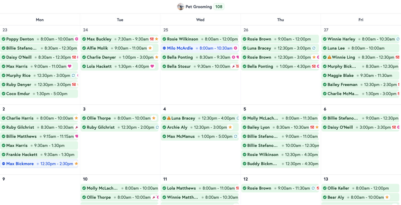 Petboost scheduler month view showing a full calendar month with appointment cards