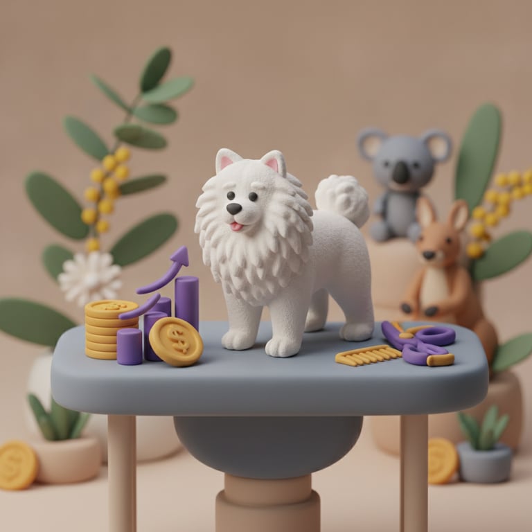 A 3D clay-style illustration of a freshly groomed dog on a salon table with grooming tools, gold coins and a rising bar chart, in the Petboost brand style