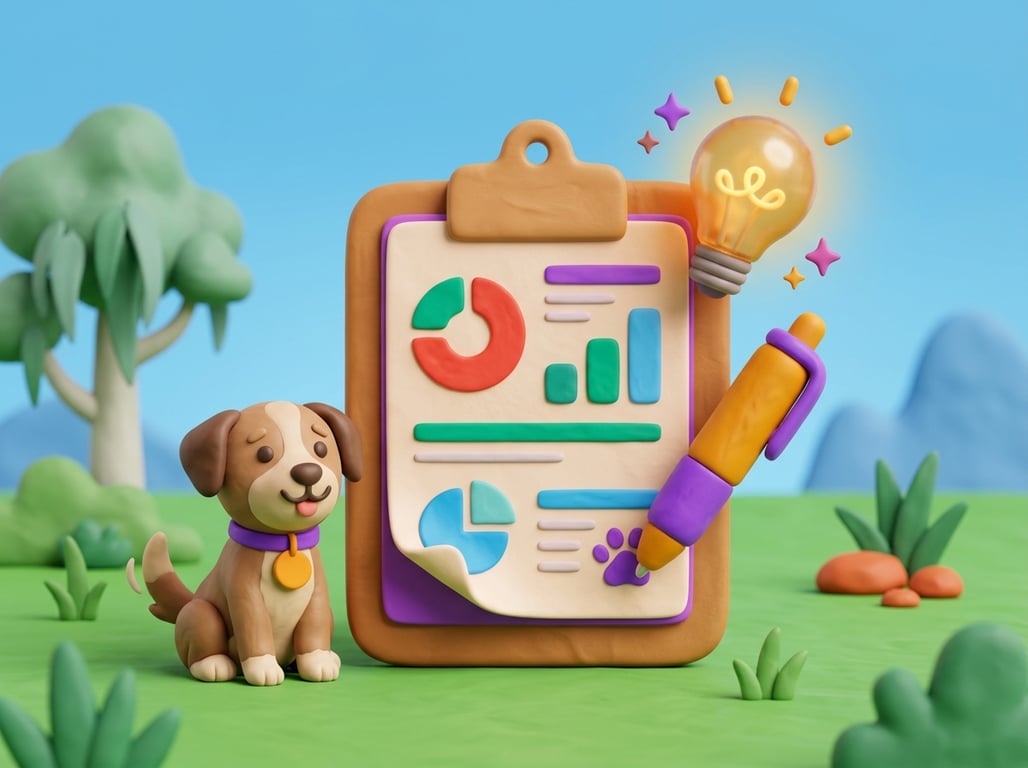 A 3D clay-style illustration of a clipboard business plan with charts, a pen and a glowing lightbulb beside a small dog, in the Petboost brand style