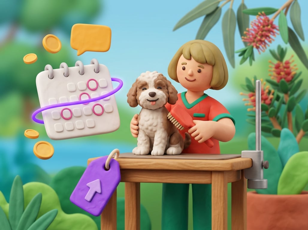 A 3D clay-style illustration of a friendly dog groomer with a happy dog on a grooming table, a violet price tag with an upward arrow, floating gold coins and a calendar showing recurring weekly appointments, in the Petboost brand style