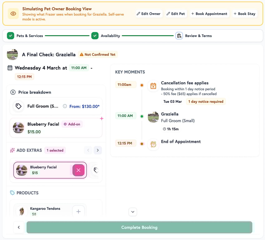 Simulated booking review screen showing price breakdown, add-ons, key moments timeline, and Complete Booking button