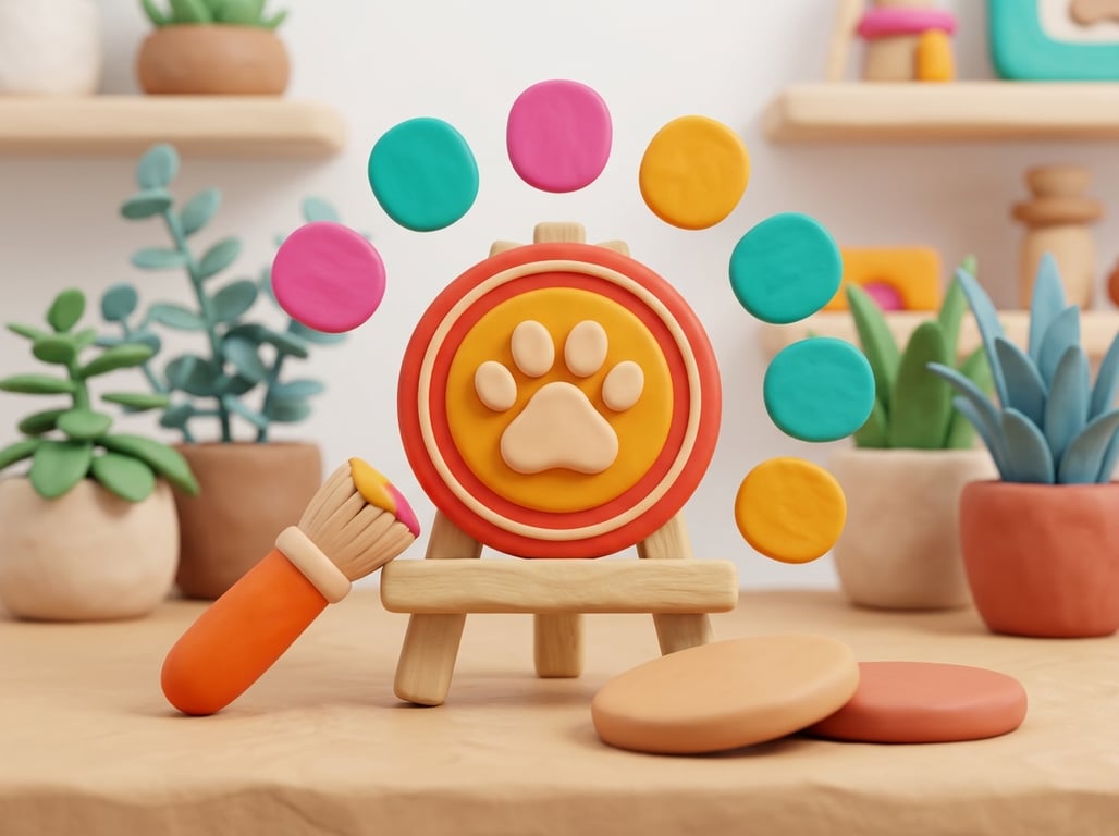 A 3D clay-style illustration of a paw logo badge on an easel with colour swatches and a paintbrush, in the Petboost brand style