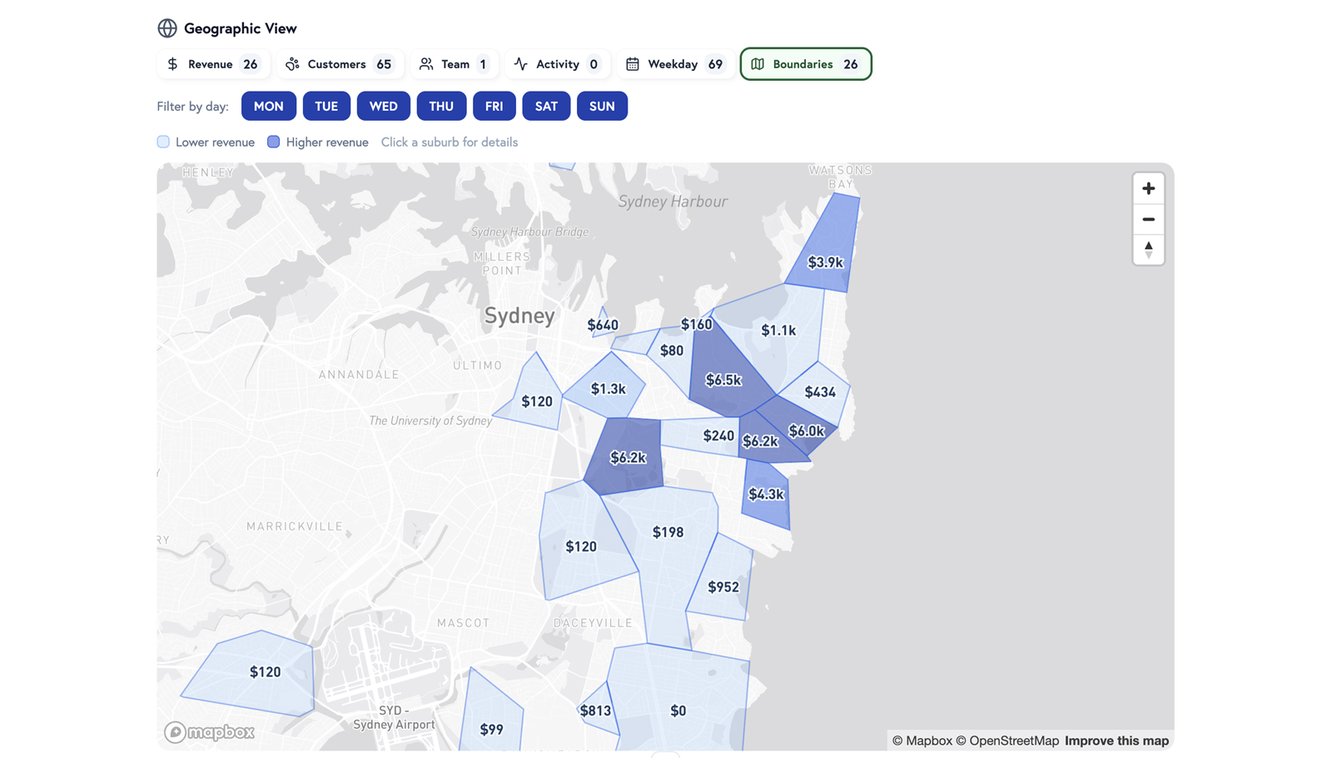 Petboost Geographic Intelligence map showing revenue by suburb for an Australian pet business