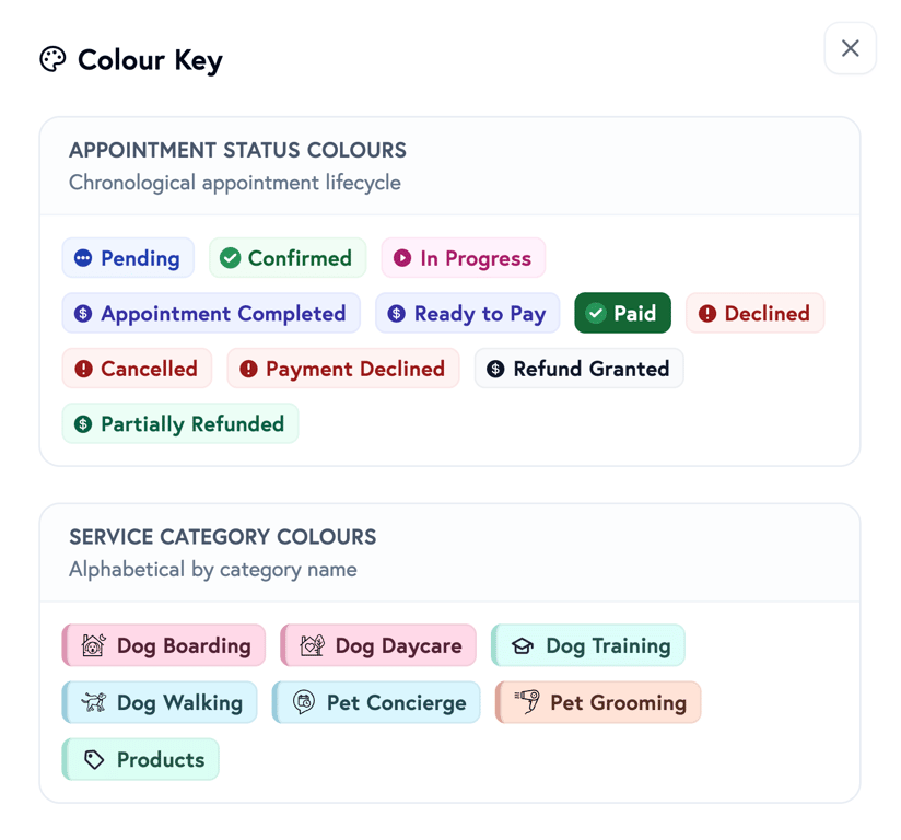 Petboost scheduler showing colour mode comparison between status and service category