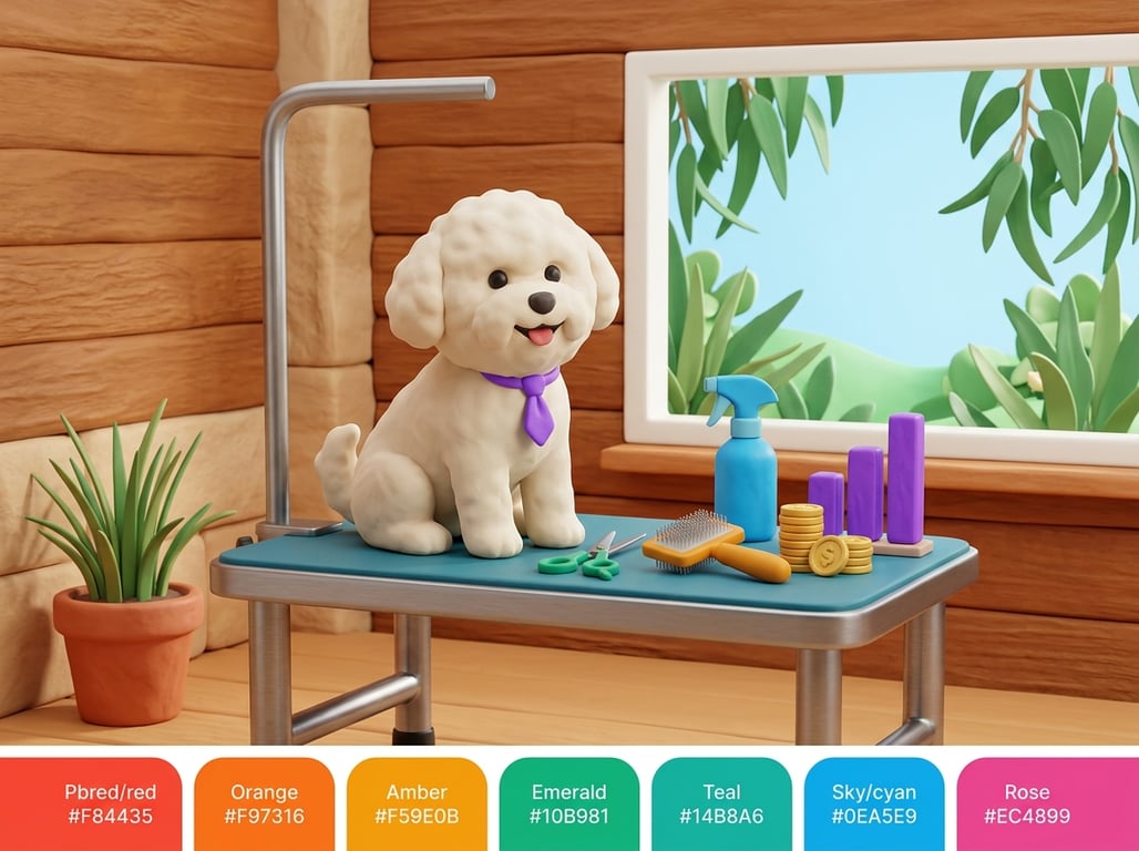 A 3D clay-style illustration of a freshly groomed dog on a salon table with grooming tools, gold coins and a rising bar chart, in the Petboost brand style