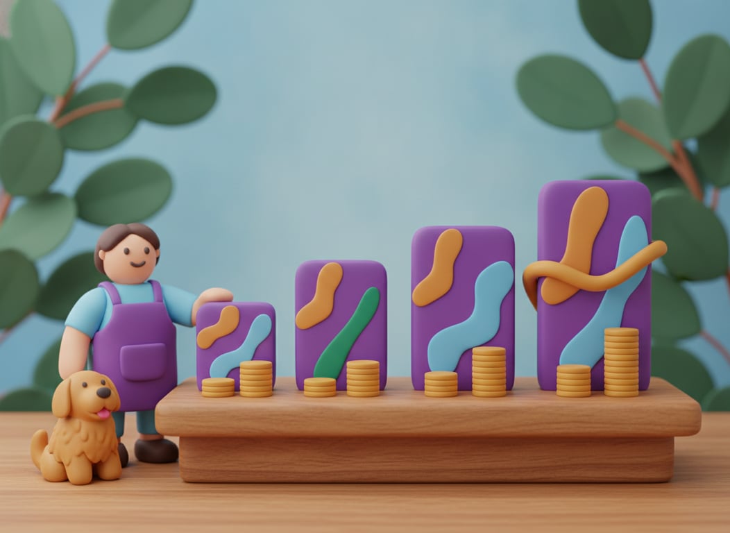 3D clay illustration of four violet subscription cards at different heights with a stack of gold coins in front of each, an amber loop ribbon around the two tallest, and an owner and dog beside them