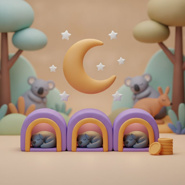A 3D clay-style illustration of cosy boarding kennels with resting dogs under a crescent moon, with gold coins nearby, in the Petboost brand style
